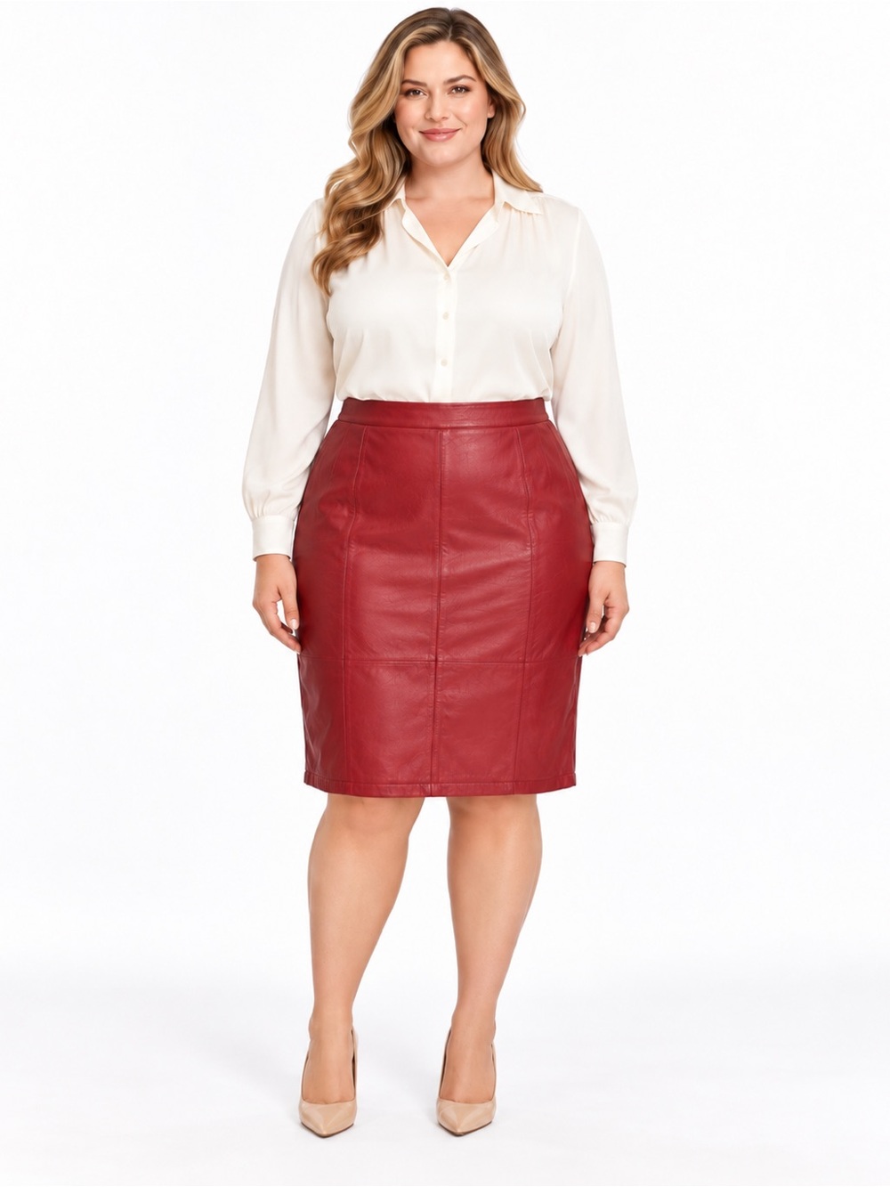Vanna White Collection 24W Red Genuine Leather Pencil Skirt Plus Size